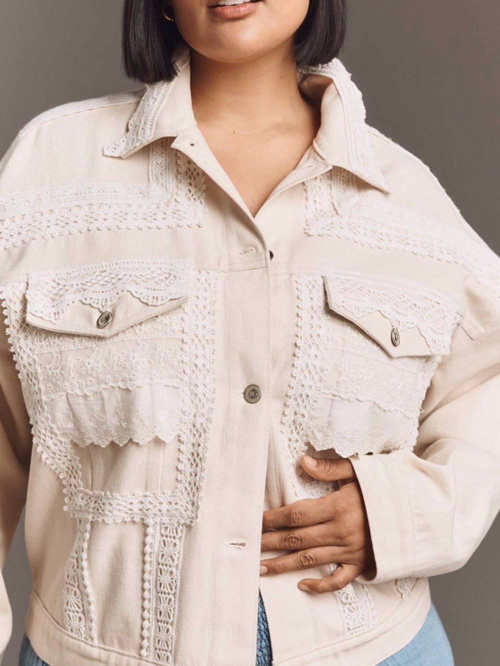 Anthropologie Women's Cream Lace-Trim Button Jacket